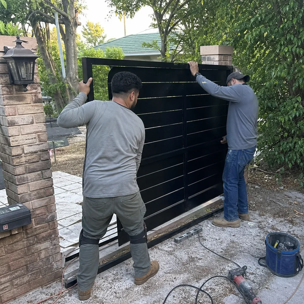 Two professional workers installing a large black metal driveway gate.