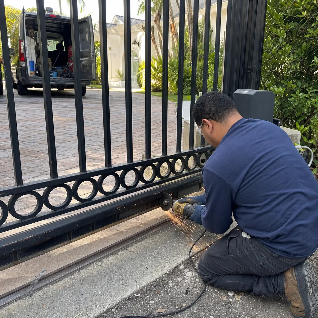 Technician using an angle grinder to perform professional metal gate repair.