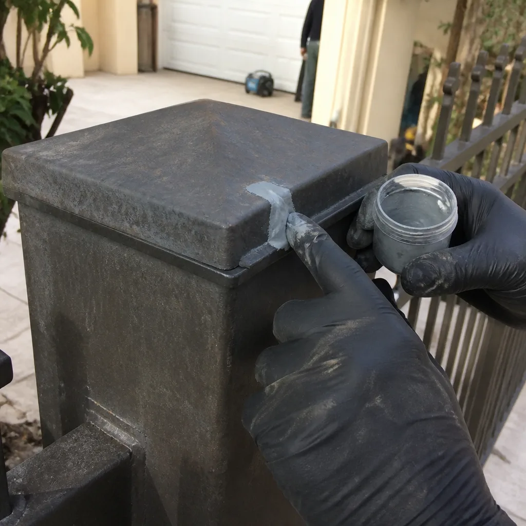Professional applying metal sealant to repair a fence post cap