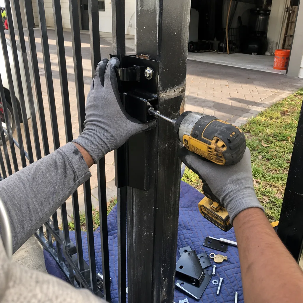 Professional technician using a power drill to repair a metal gate